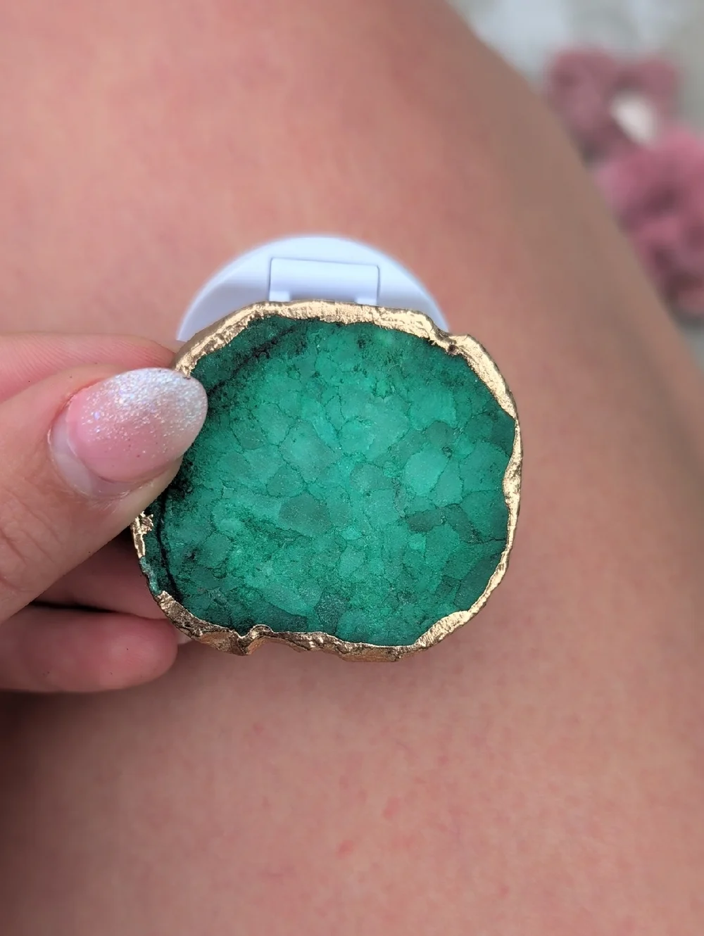 Green Agate Crystal Phone Grip with Gold Edge